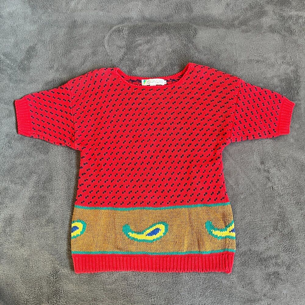 Claus Vintage Red Knit Cotton Geometric Shirt Women's Size L